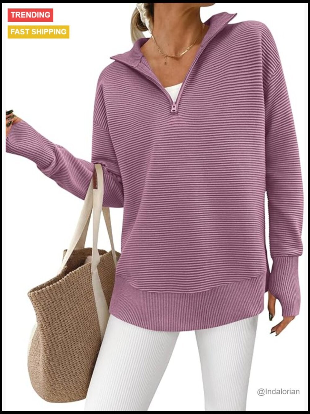Quarter Zip Pullover Sweater Long Sleeve V Neck Ribbed Knit Thumb Hole